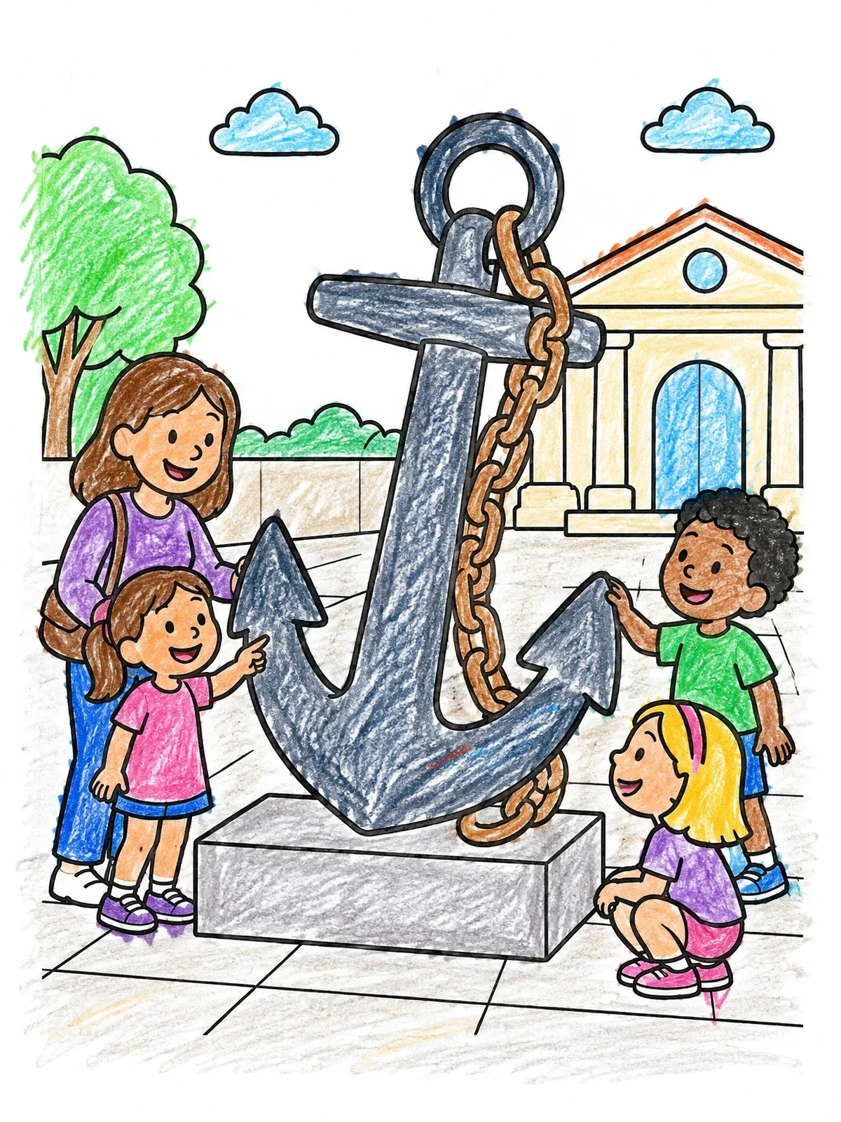 Colored example of the Family Visiting Giant Museum Anchor coloring page