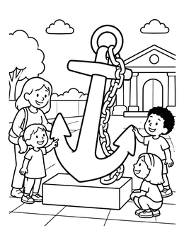 Free printable Family Visiting Giant Museum Anchor coloring page