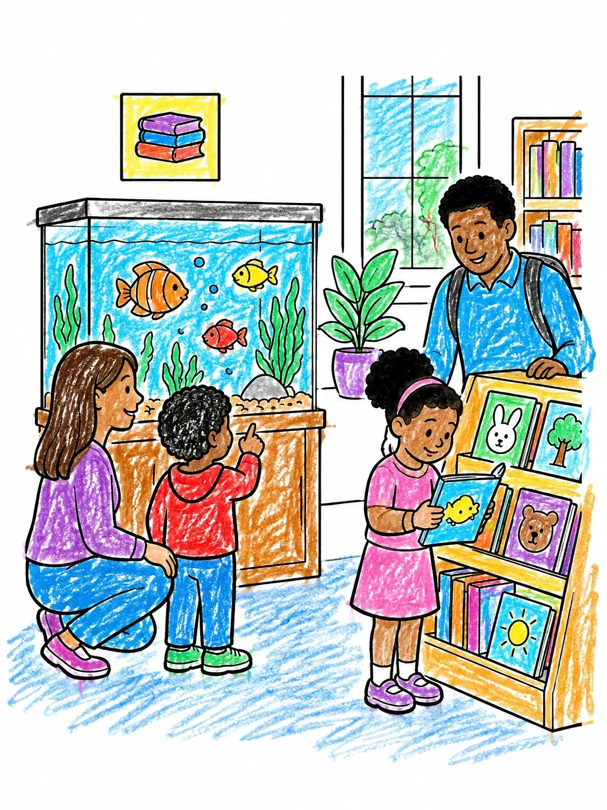Colored example of the Family Visiting The Library Aquarium coloring page