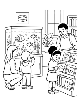 Free printable Family Visiting The Library Aquarium coloring page