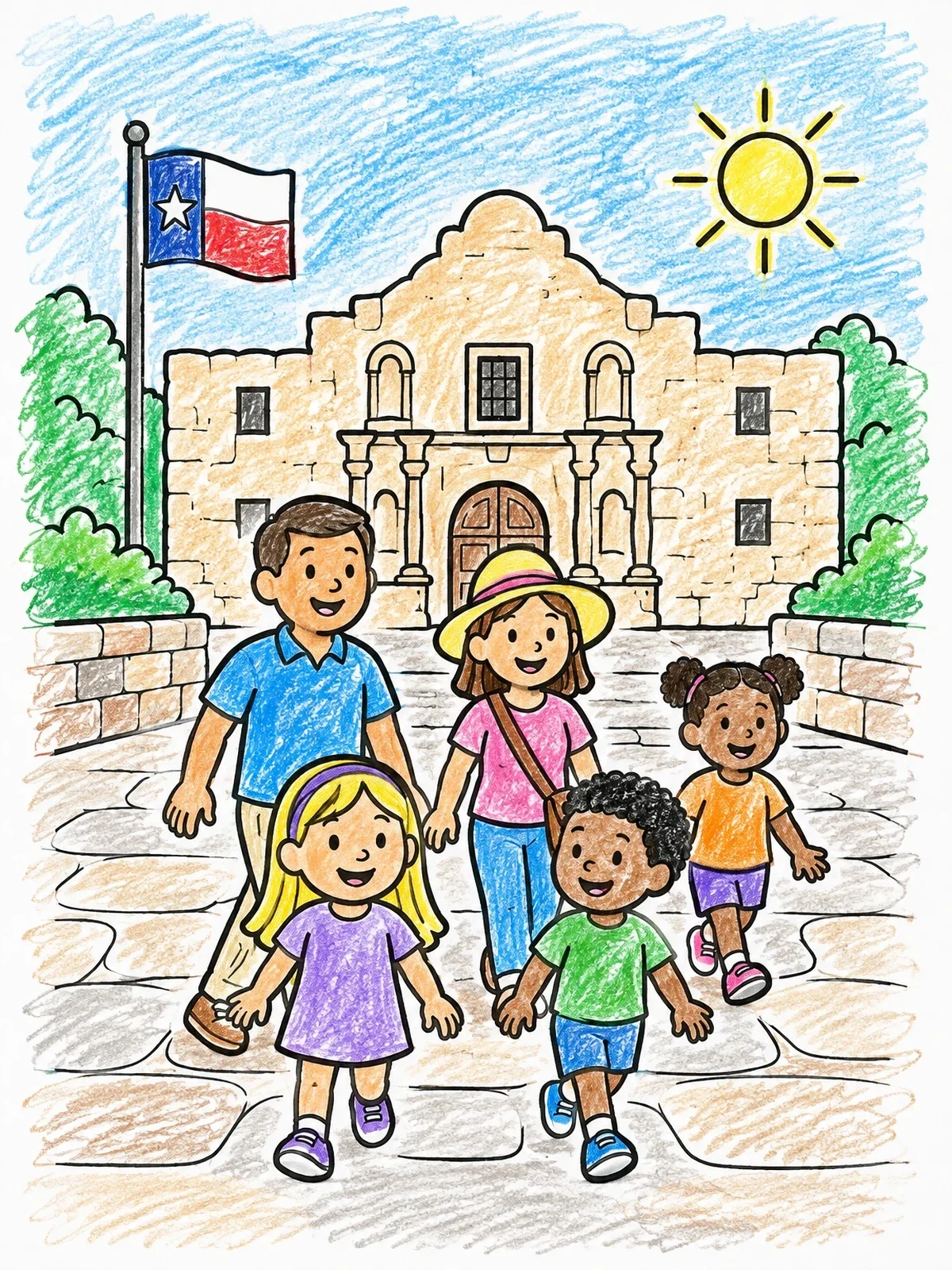 Colored example of the Family Visiting The Alamo coloring page