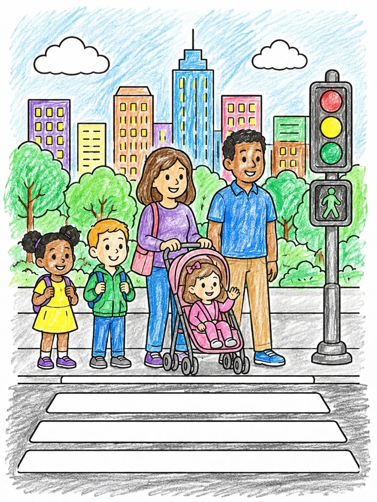 Colored example of the Family Waiting At City Crosswalk coloring page