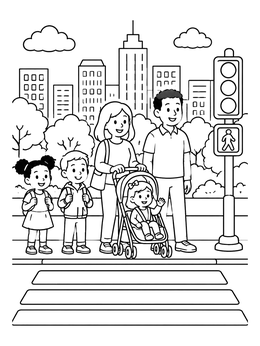 Free printable Family Waiting At City Crosswalk coloring page