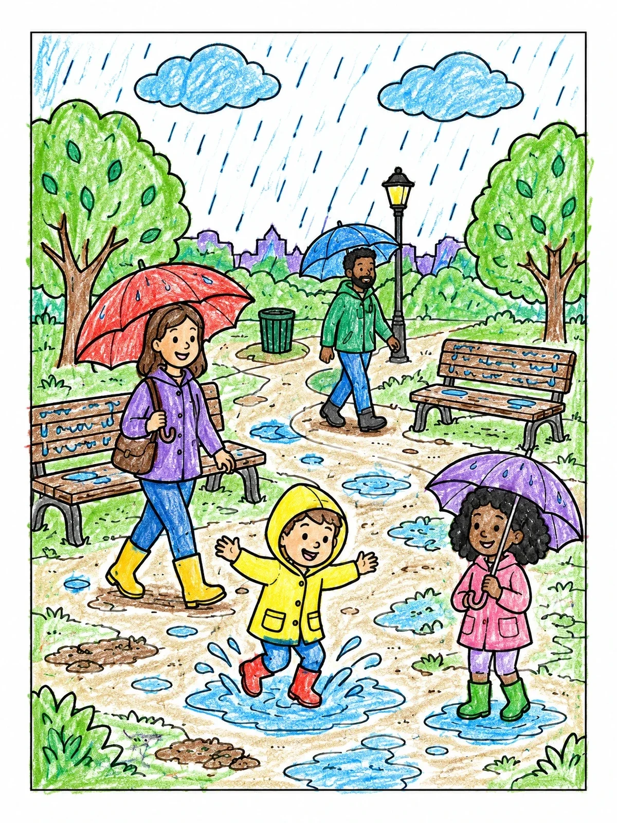 Colored example of the Family Walk In The Rainy Park coloring page