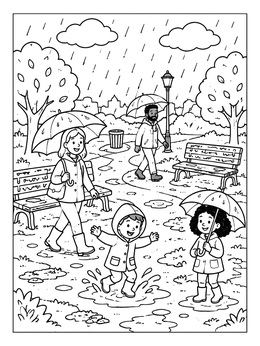 A fun rainy day coloring page with a family walking and splashing in puddles at the park.