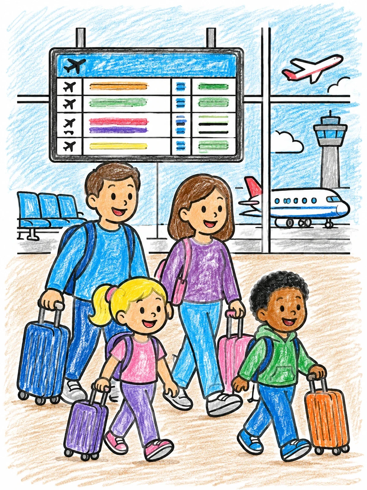 Colored example of the Family Walking Through Airport Terminal coloring page