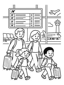Free printable Family Walking Through Airport Terminal coloring page