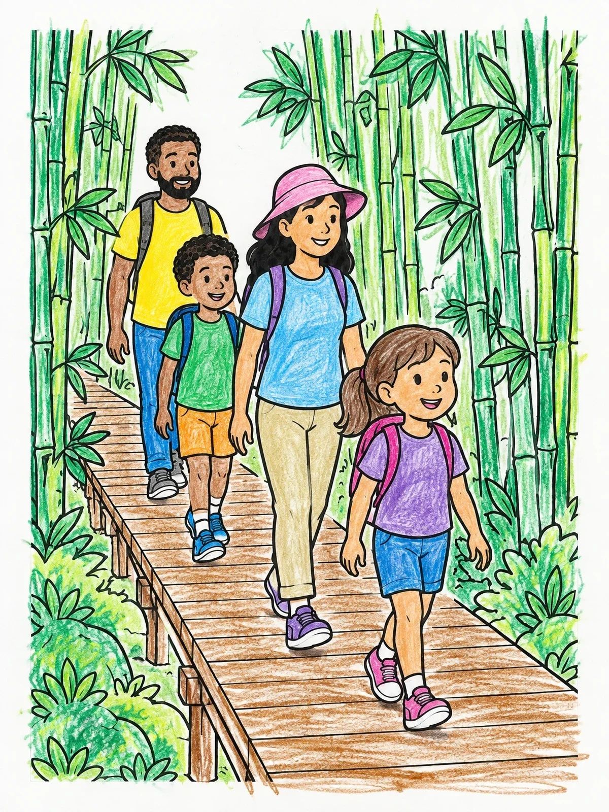 Colored example of the Family Walking Through Bamboo Forest coloring page
