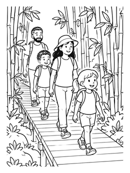Free printable Family Walking Through Bamboo Forest coloring page