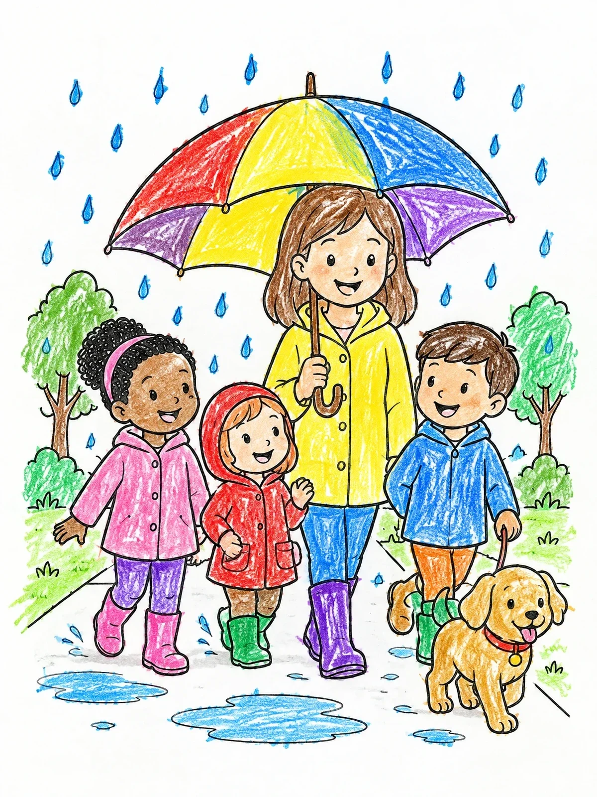 Colored example of the Family Walking Dog In Rain coloring page
