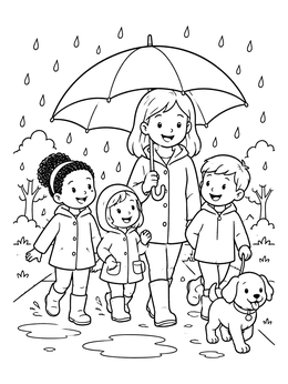 A mother and children on a rainy day coloring page walking their puppy.
