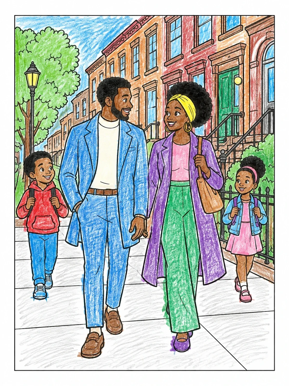 Colored example of the Family Walking By Brownstone Townhouses coloring page