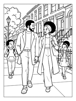 Free printable Family Walking By Brownstone Townhouses coloring page