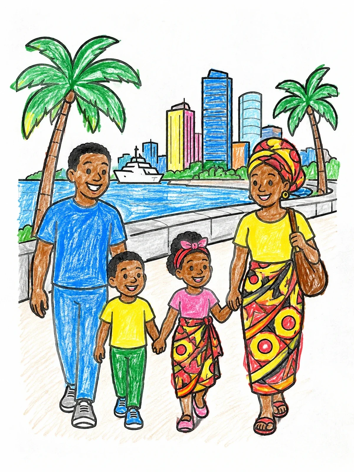 Colored example of the Family Walking Along Luanda Promenade coloring page