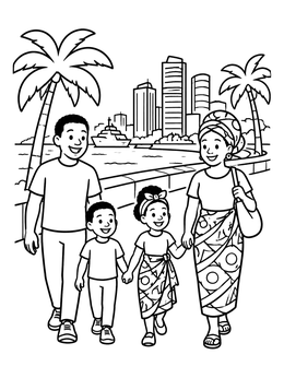 Free printable Family Walking Along Luanda Promenade coloring page