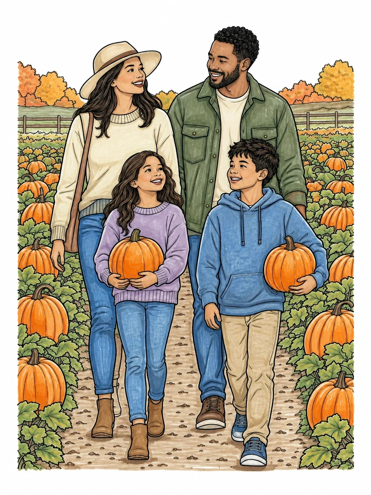 Colored example of the Family Walking Through Pumpkin Patch coloring page