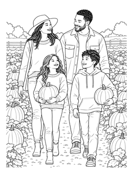 A happy family carries their harvest in this detailed pumpkin coloring page.