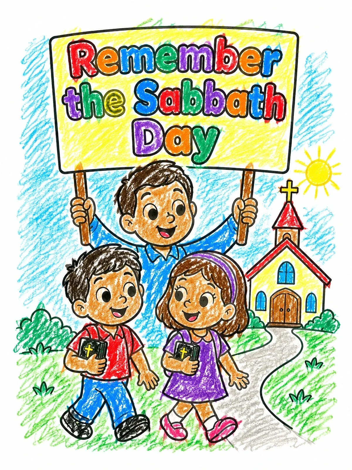 Colored example of the Family Walking To Church On Sabbath coloring page