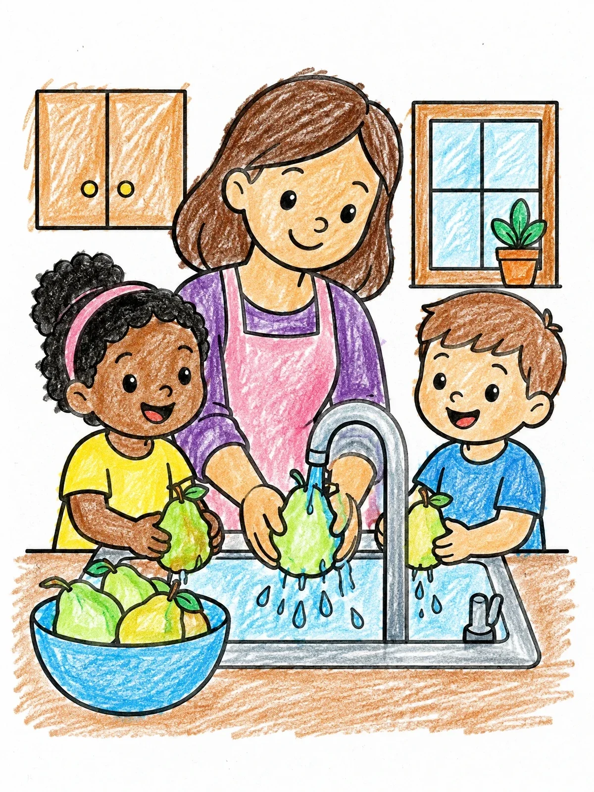 Colored example of the Family Washing Pears In Kitchen coloring page