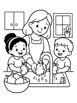Free printable Family Washing Pears In Kitchen coloring page