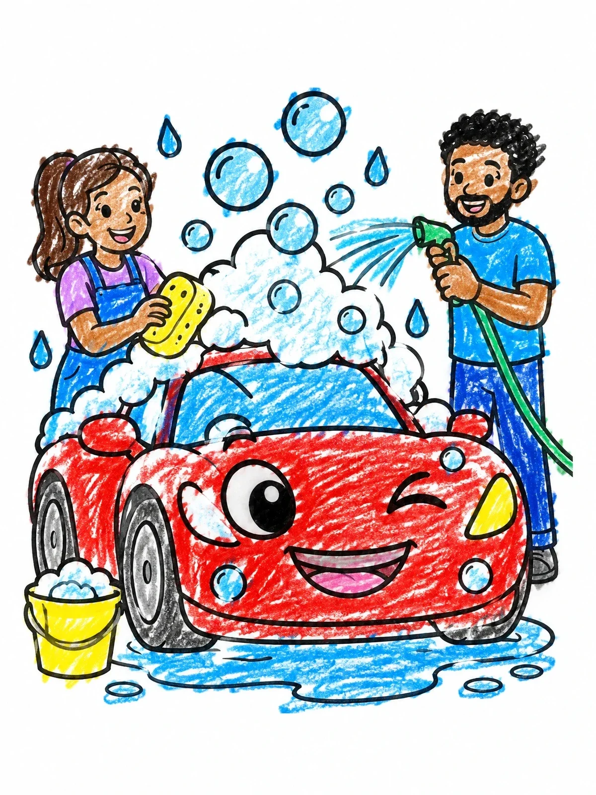 Colored example of the Family Washing A Happy Cartoon Car coloring page