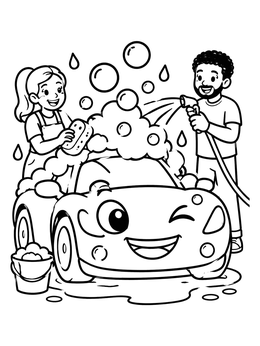 Free printable Family Washing A Happy Cartoon Car coloring page