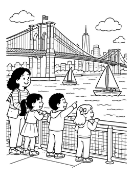 Free printable Family Watching Boats Near Brooklyn Bridge coloring page
