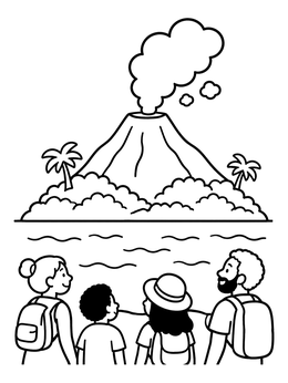 Free printable Family Watching Smoking Island Volcano coloring page