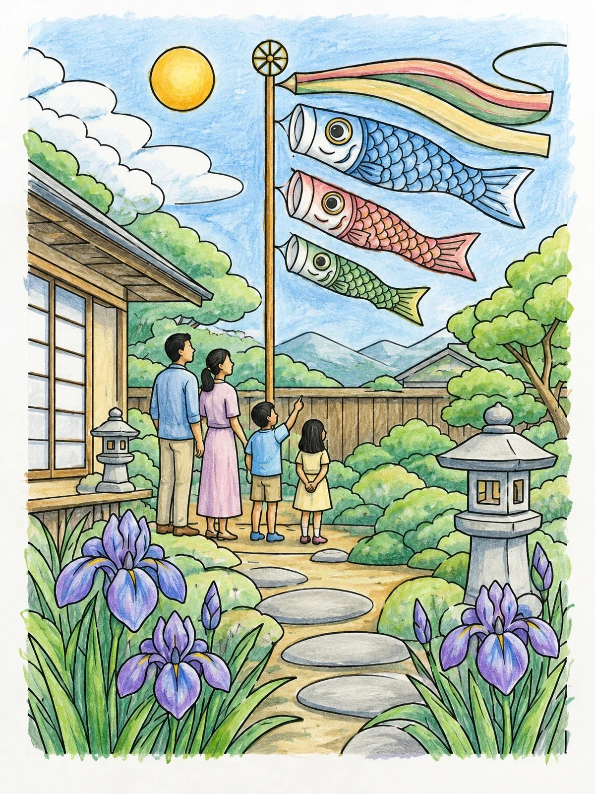 Colored example of the Family Watching Koinobori In Garden coloring page
