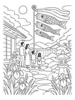 A family admires carp streamers flying in their backyard on this detailed koinobori coloring page.
