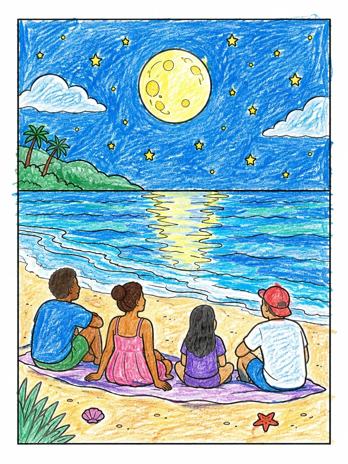 Colored example of the Family Watching The Moonlit Ocean coloring page
