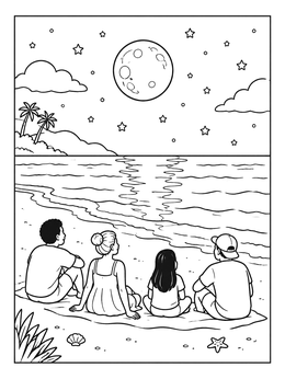 Free printable Family Watching The Moonlit Ocean coloring page