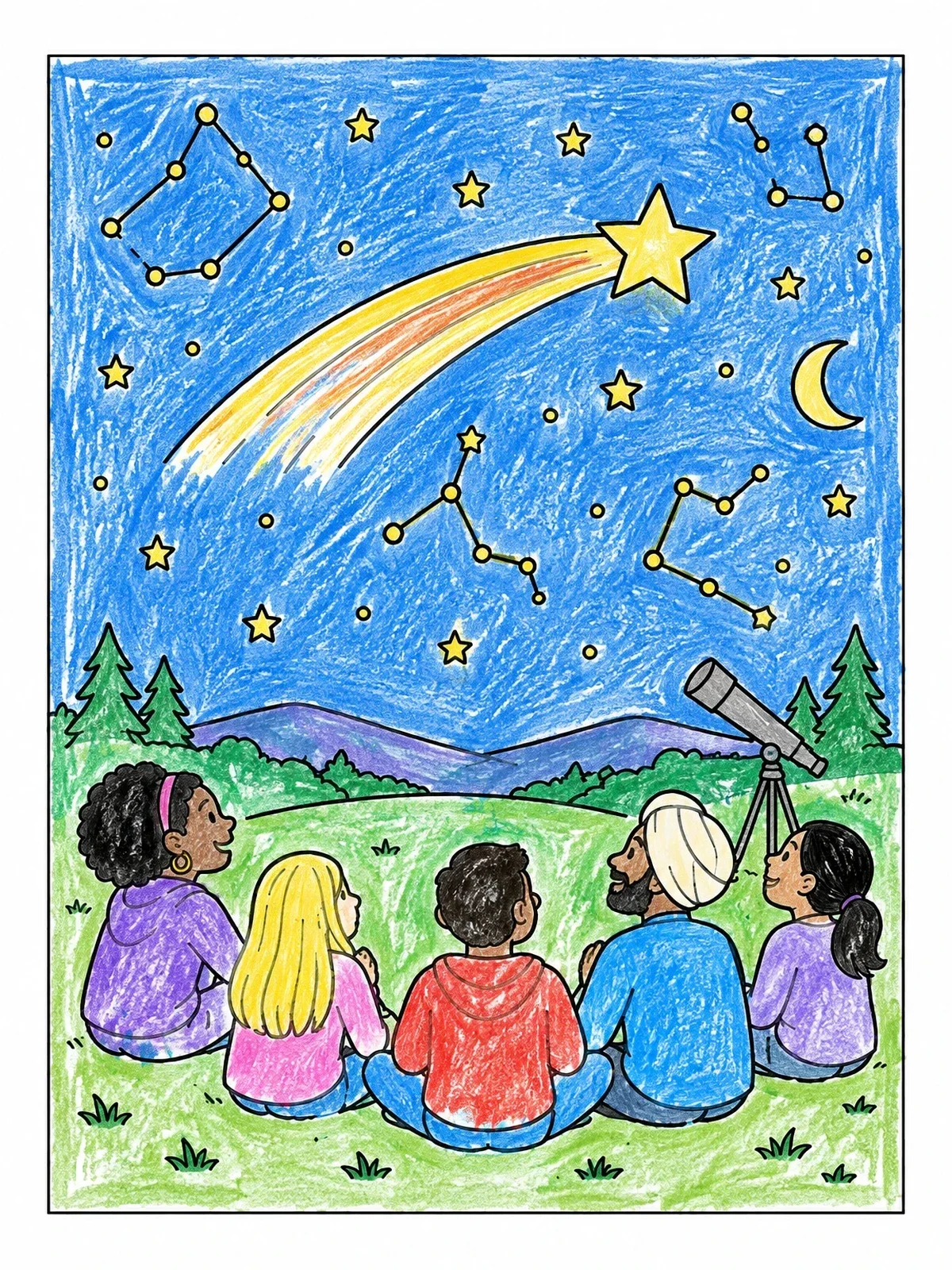 Colored example of the Family Watching A Shooting Star coloring page