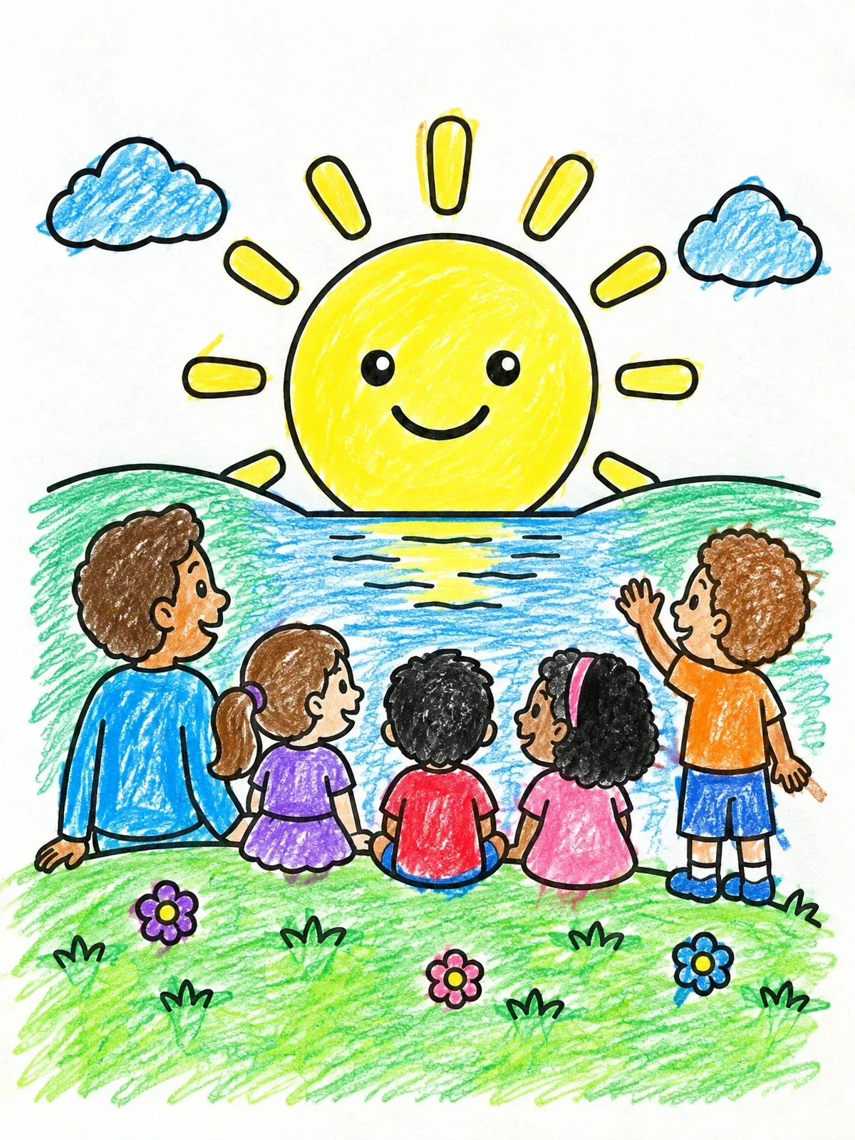 Colored example of the Family Watching The Smiling Sunrise coloring page
