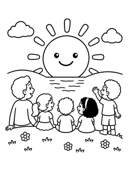 A smiling sunrise over hills with happy children in this sun coloring page.