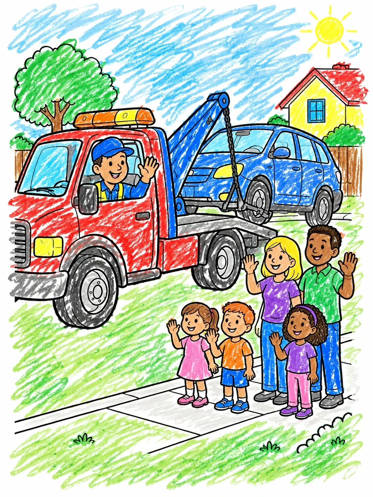 Colored example of the Family Waving At Friendly Tow Truck Driver coloring page