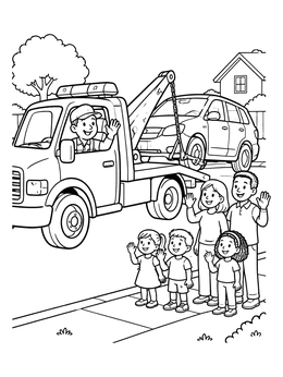 Free printable Family Waving At Friendly Tow Truck Driver coloring page