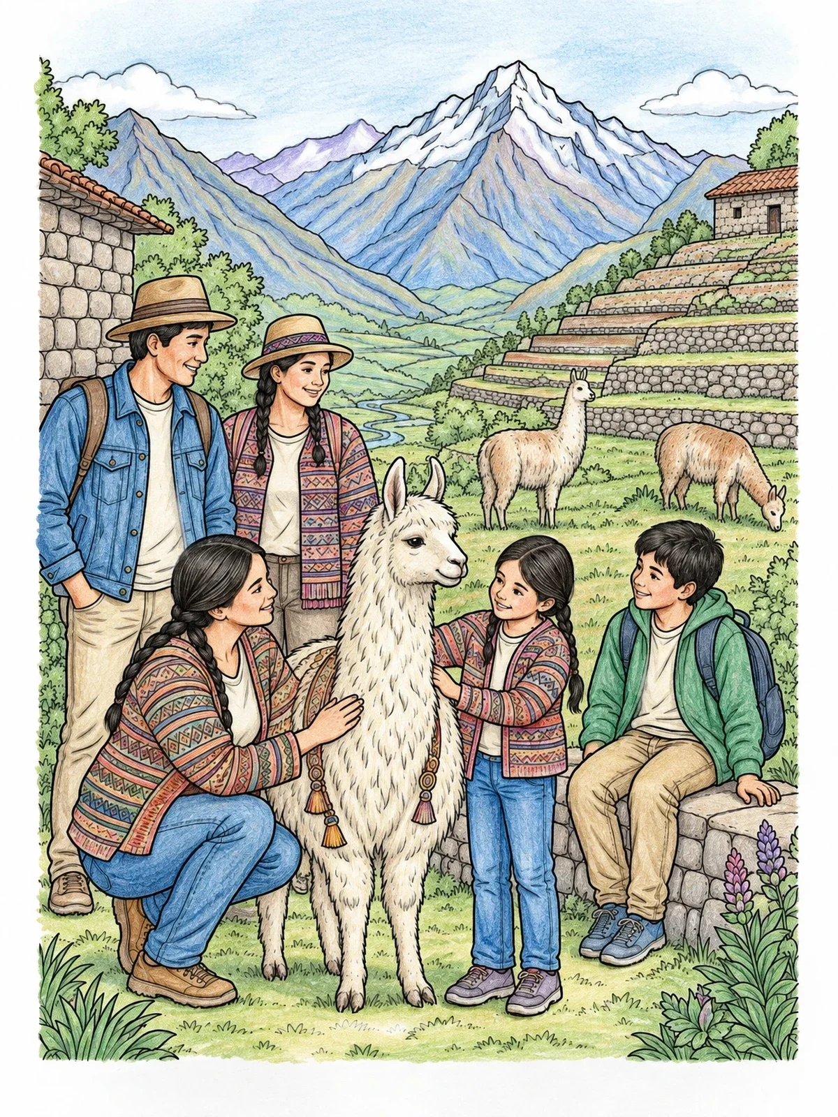 Colored example of the Family With Llamas In The Andes coloring page