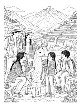 A family petting a llama near mountain terraces on this Peru coloring page.