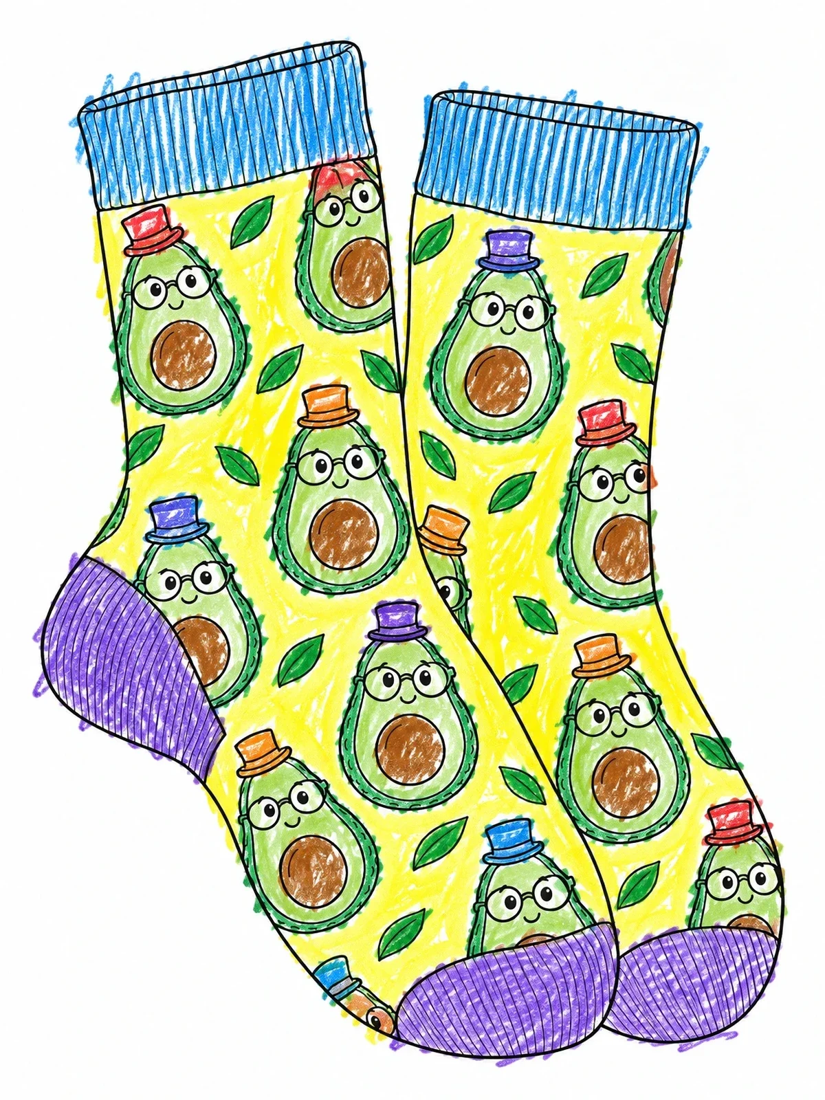 Colored example of the Fancy Avocado Pattern Socks coloring page