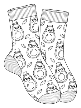 A quirky socks coloring page with avocado characters wearing top hats and glasses.