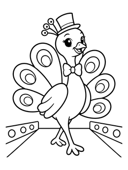 A cute cartoon peacock coloring page featuring a bird in a top hat strutting on a runway.