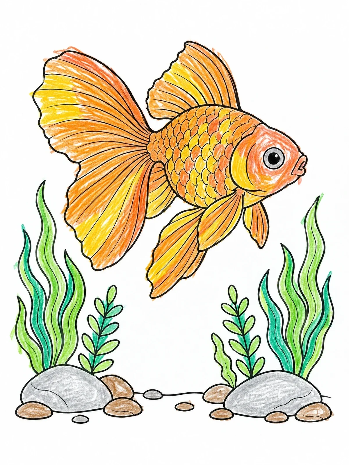 Colored example of the Fantail Goldfish Swimming Among Sea Plants coloring page