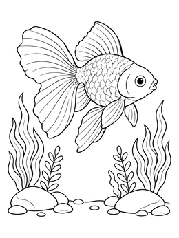 A detailed goldfish coloring page featuring a fantail fish swimming over aquatic plants and smooth stones.