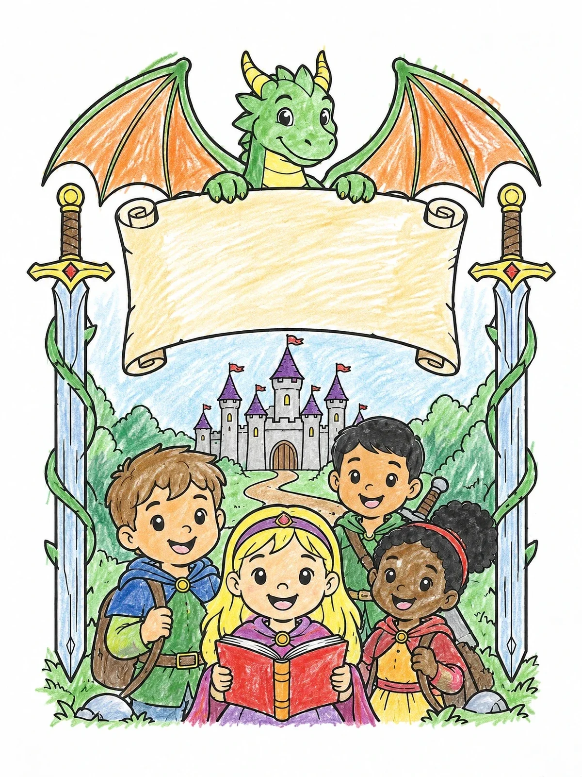 Colored example of the Fantasy Adventure Book Cover Frame coloring page