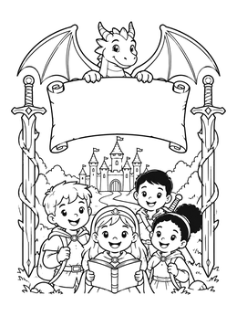 Free printable Fantasy Adventure Book Cover Frame coloring page