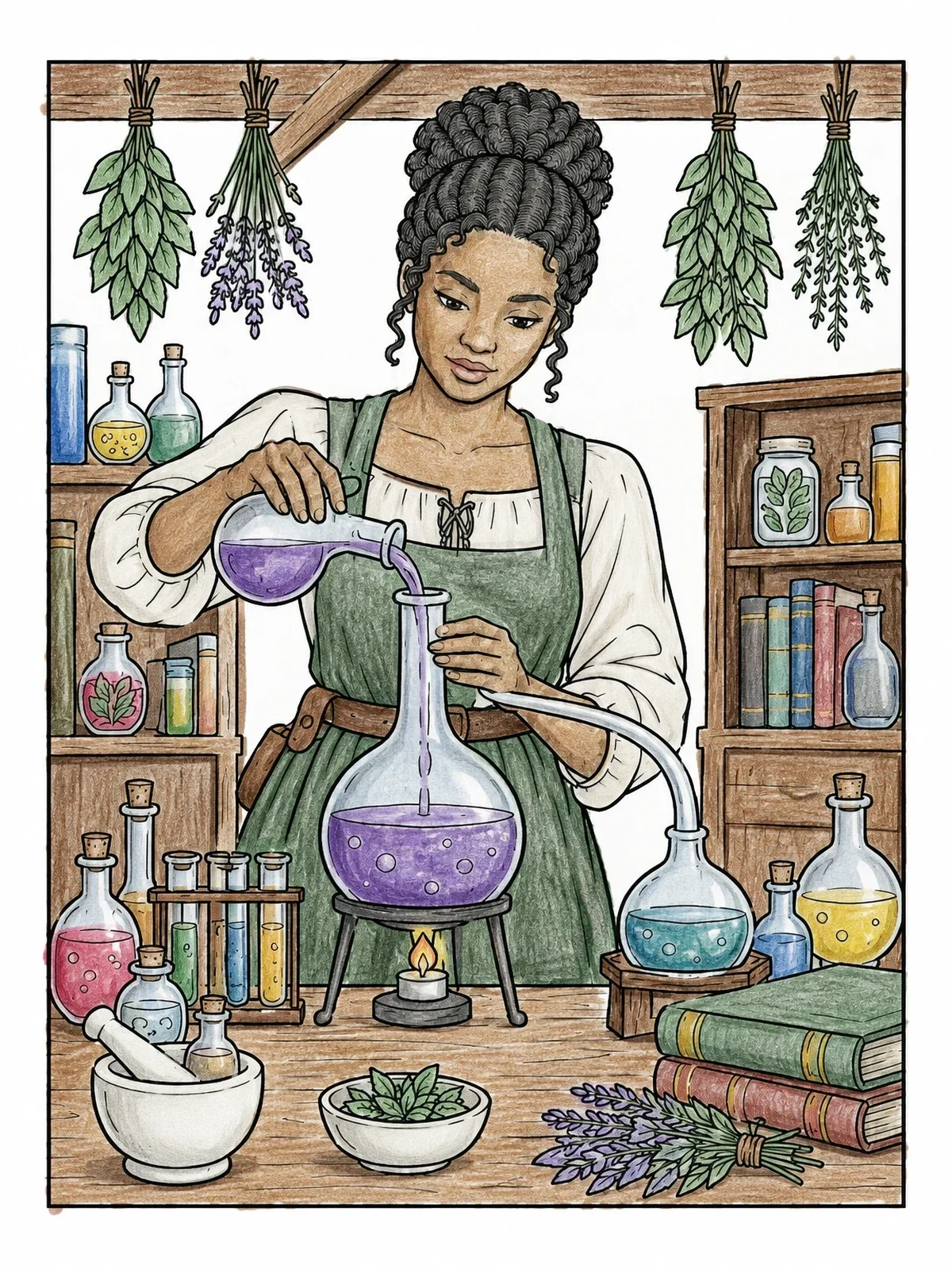 Colored example of the Alchemist Brewing Potions In Her Workshop coloring page