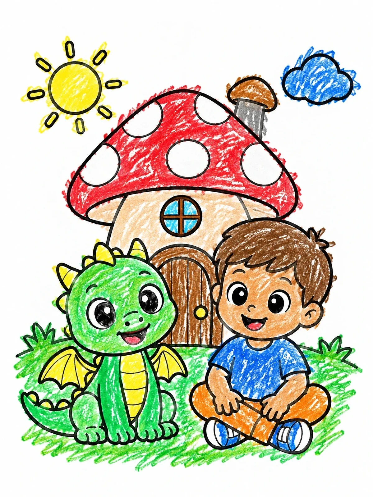 Colored example of the Cute Baby Dragon And Boy By Mushroom House coloring page