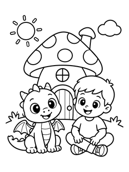 Free printable Cute Baby Dragon And Boy By Mushroom House coloring page