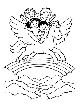Free printable Children Riding A Flying Pegasus coloring page